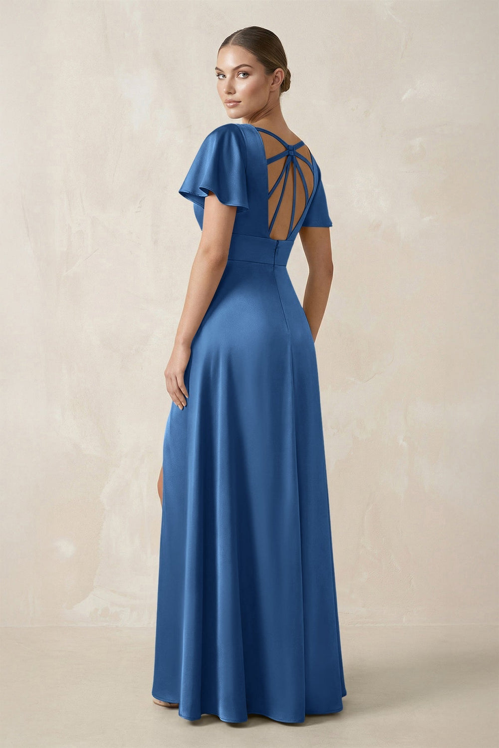 Short Sleeve V-Neck A-Line Satin Bridesmaid Dress With Slit in Dusty Blue