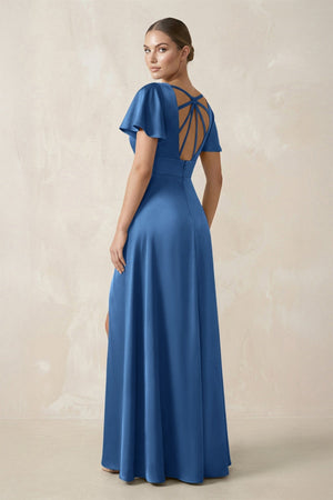 Short Sleeve V - Neck A - Line Satin Bridesmaid Dress With Slit in Dusty Blue - KISS BRIDAL Bridesmaid Dresses