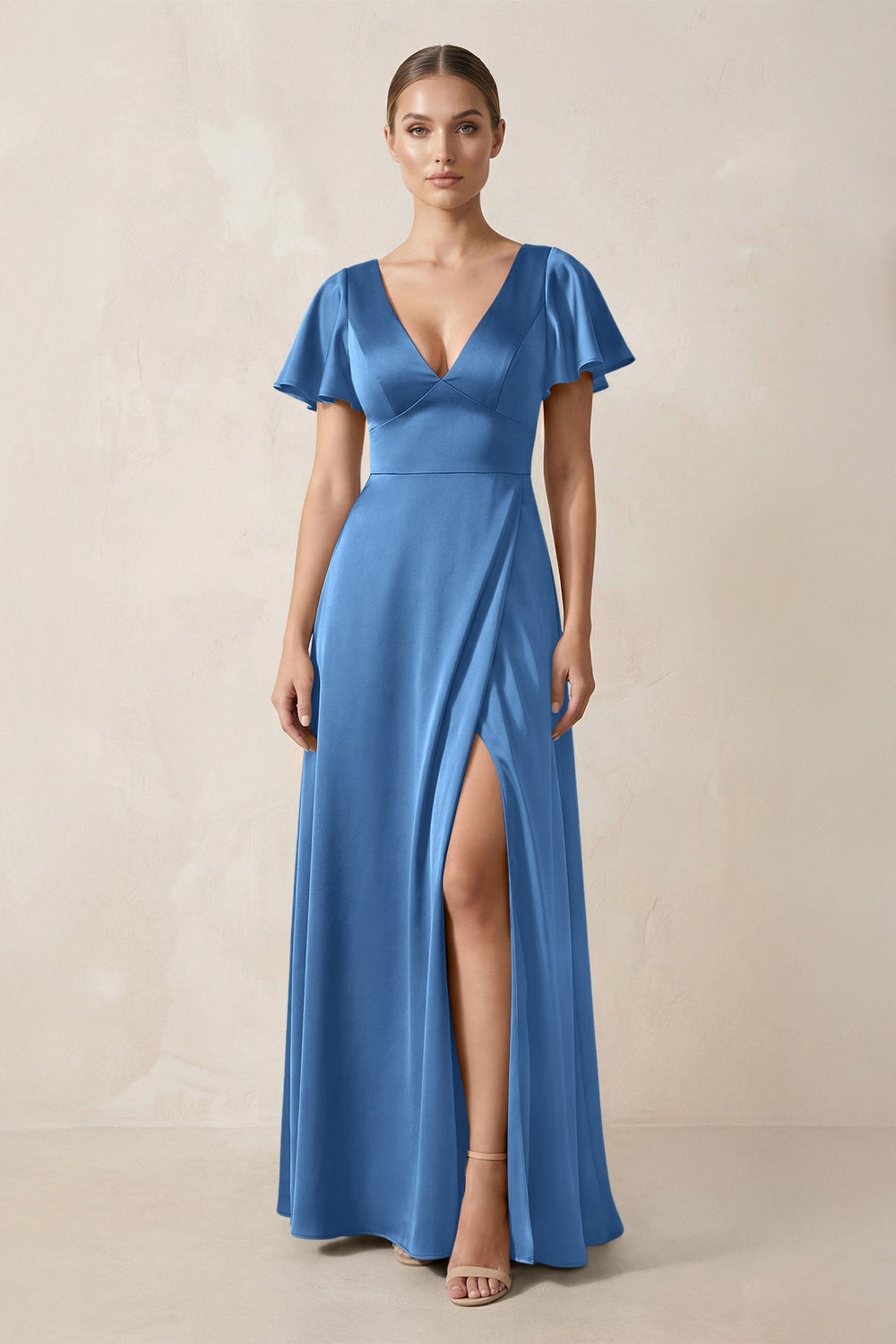 Short Sleeve V-Neck A-Line Satin Bridesmaid Dress With Slit in Dusty Blue