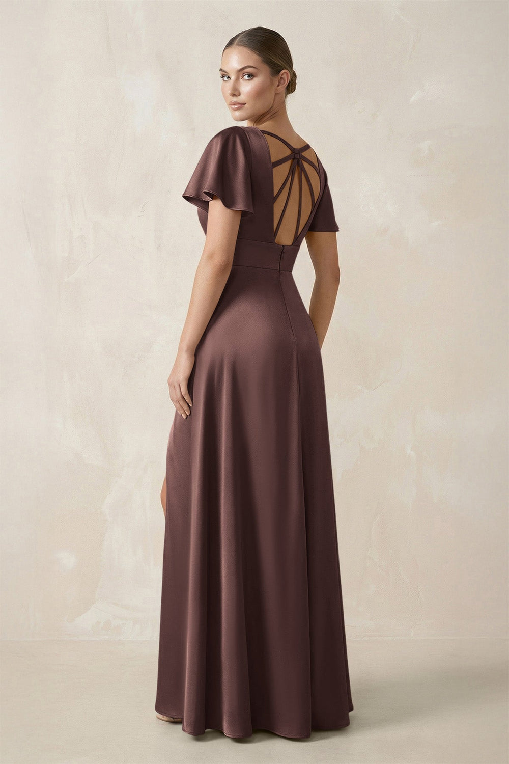Short Sleeve V-Neck A-Line Satin Bridesmaid Dress With Slit in Espresso