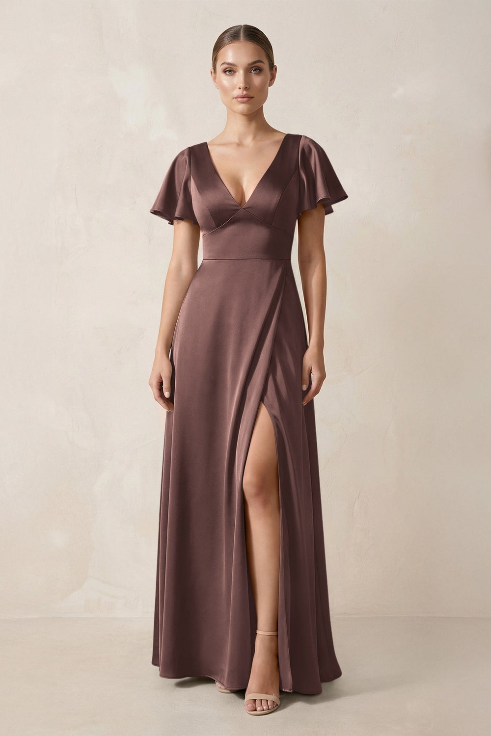 Short Sleeve V-Neck A-Line Satin Bridesmaid Dress With Slit in Espresso