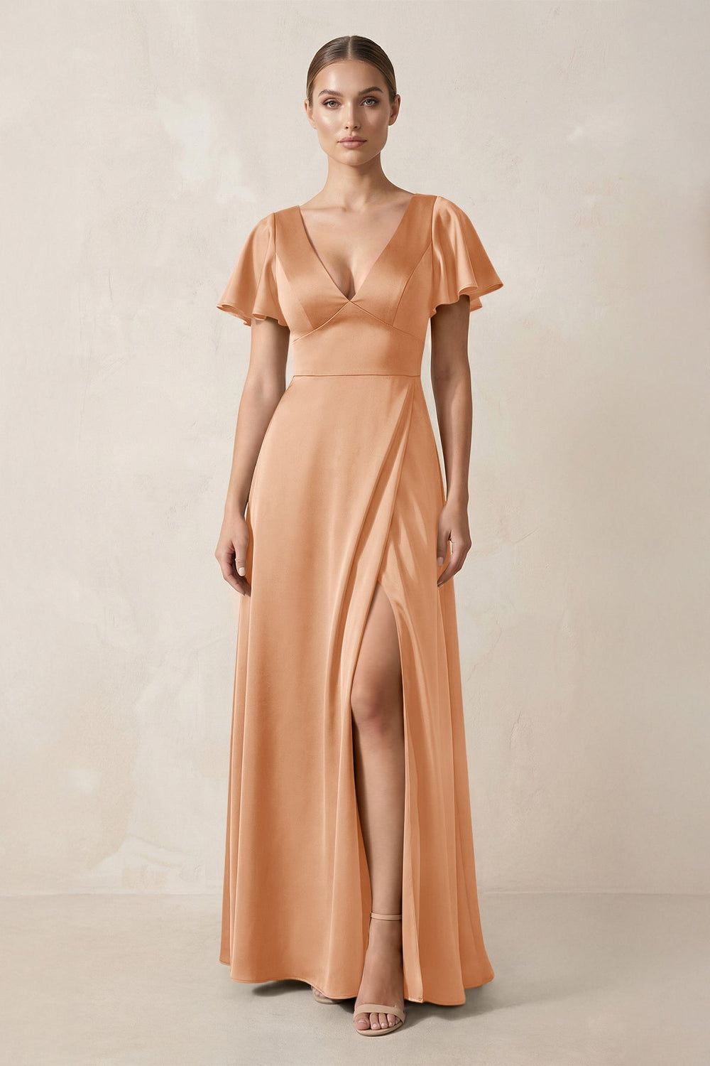 Short Sleeve V-Neck A-Line Satin Bridesmaid Dress With Slit in Golden Champagne
