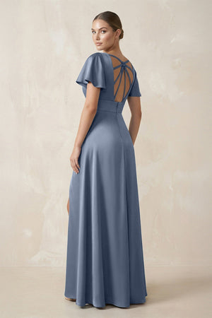 Short Sleeve V - Neck A - Line Satin Bridesmaid Dress With Slit in Neptune - KISS BRIDAL Bridesmaid Dresses