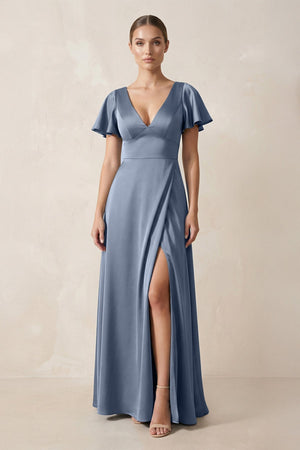 Short Sleeve V - Neck A - Line Satin Bridesmaid Dress With Slit in Neptune - KISS BRIDAL Bridesmaid Dresses