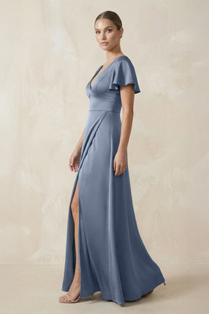 Short Sleeve V - Neck A - Line Satin Bridesmaid Dress With Slit in Neptune - KISS BRIDAL Bridesmaid Dresses
