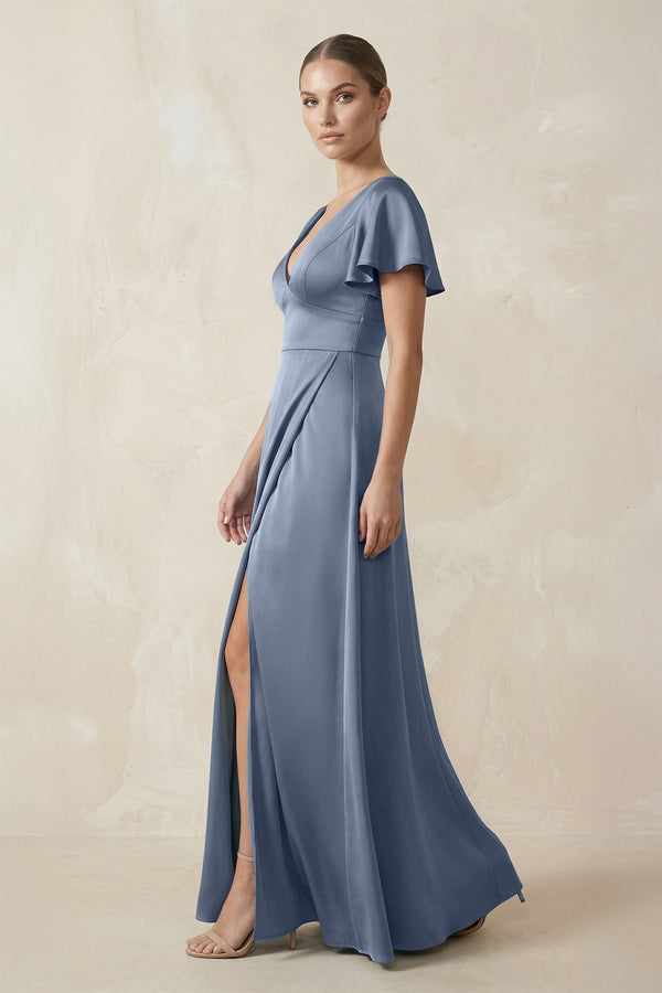 Short Sleeve V - Neck A - Line Satin Bridesmaid Dress With Slit in Neptune - KISS BRIDAL Bridesmaid Dresses
