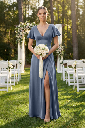 Short Sleeve V - Neck A - Line Satin Bridesmaid Dress With Slit in Neptune - KISS BRIDAL Bridesmaid Dresses