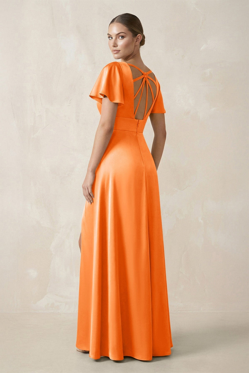Short Sleeve V-Neck A-Line Satin Bridesmaid Dress With Slit in Orange