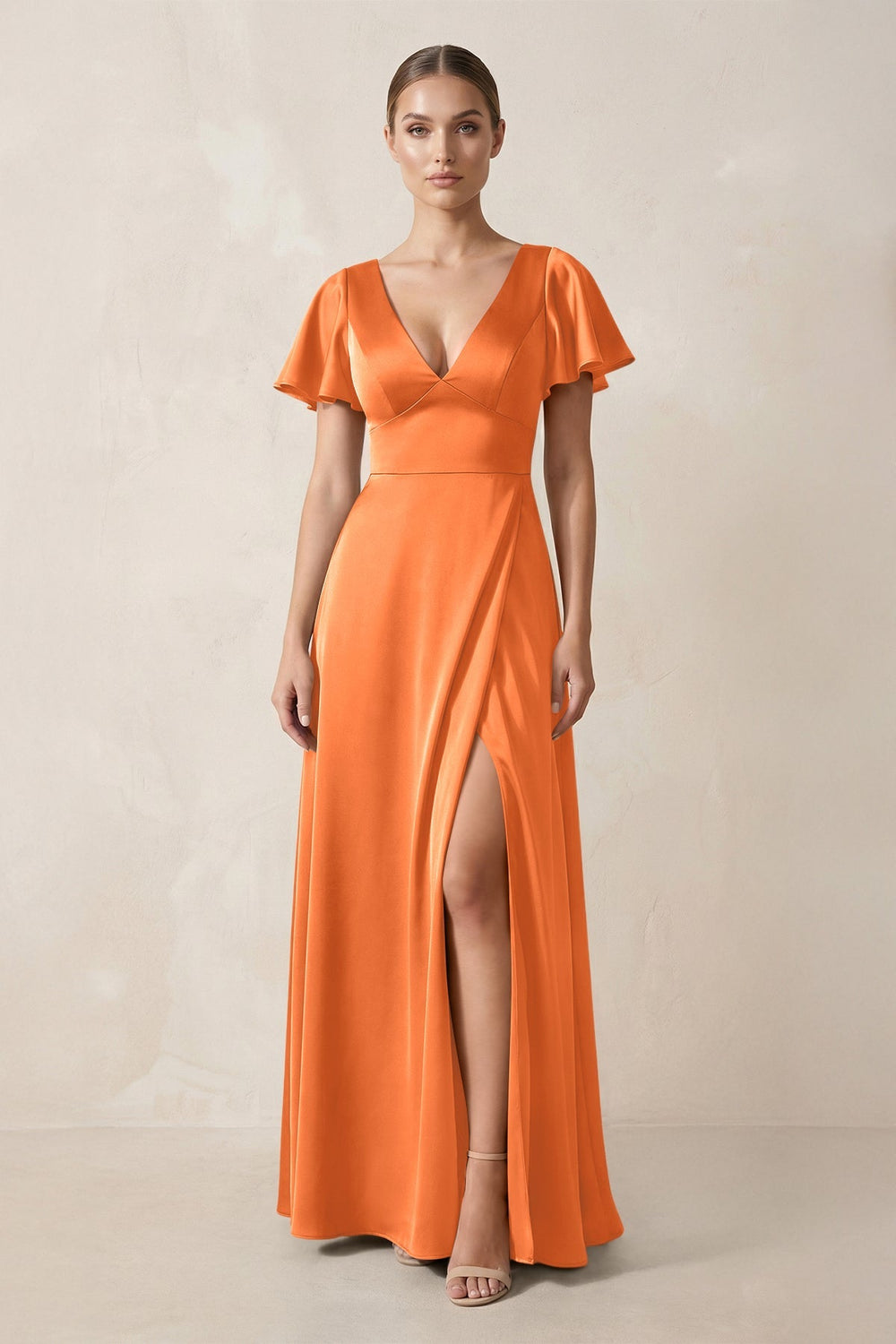 Short Sleeve V-Neck A-Line Satin Bridesmaid Dress With Slit in Orange