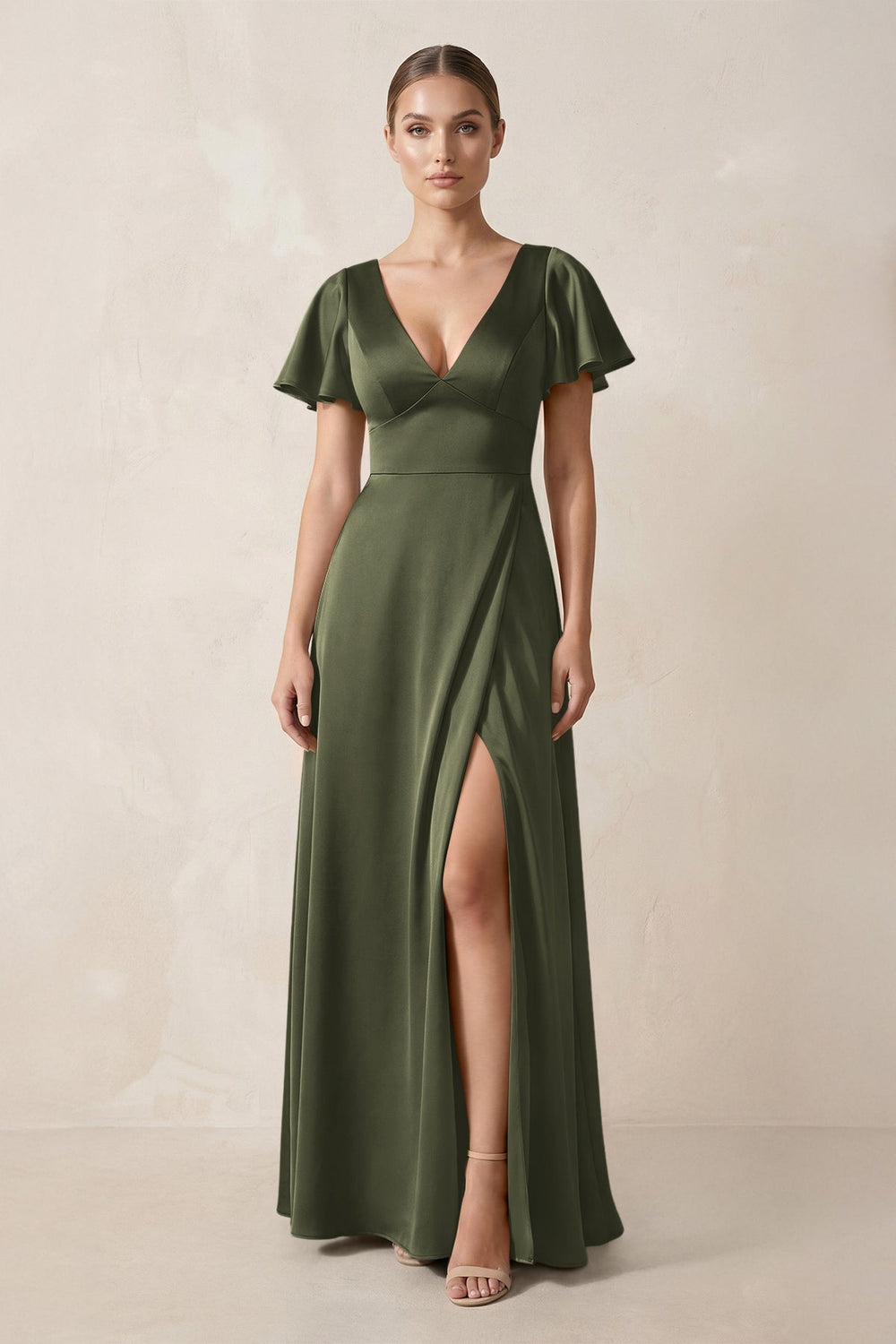 Short Sleeve V-Neck A-Line Satin Bridesmaid Dress With Slit in Willow Green