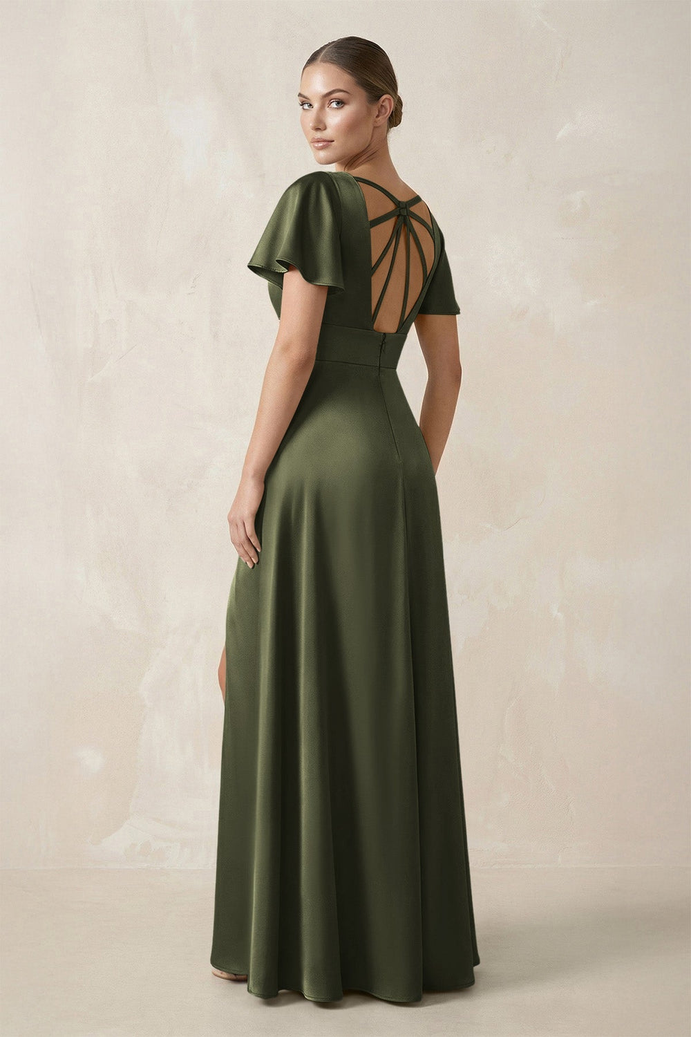 Short Sleeve V-Neck A-Line Satin Bridesmaid Dress With Slit in Willow Green