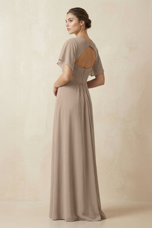 Short Sleeve V-Neck Chiffon A-Line Bridesmaid Dress in Almond (2) | KISSBRIDAL