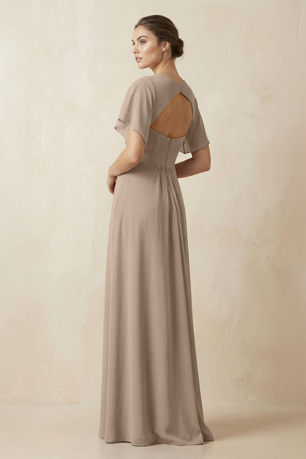 Short Sleeve V-Neck Chiffon A-Line Bridesmaid Dress in Almond (2) | KISSBRIDAL