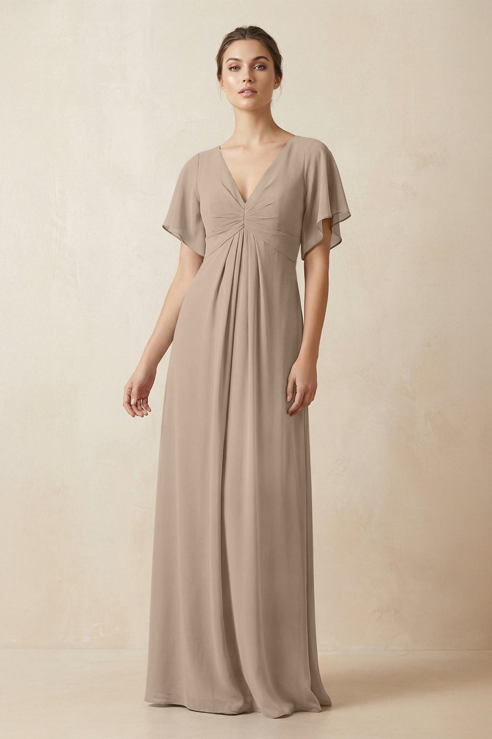 Short Sleeve V-Neck Chiffon A-Line Bridesmaid Dress in Almond