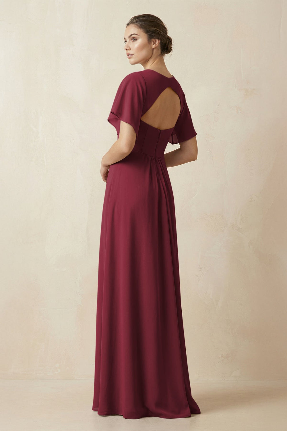Short Sleeve V-Neck Chiffon A-Line Bridesmaid Dress in Berry