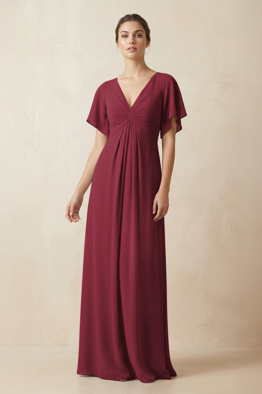 Short Sleeve V-Neck Chiffon A-Line Bridesmaid Dress in Berry