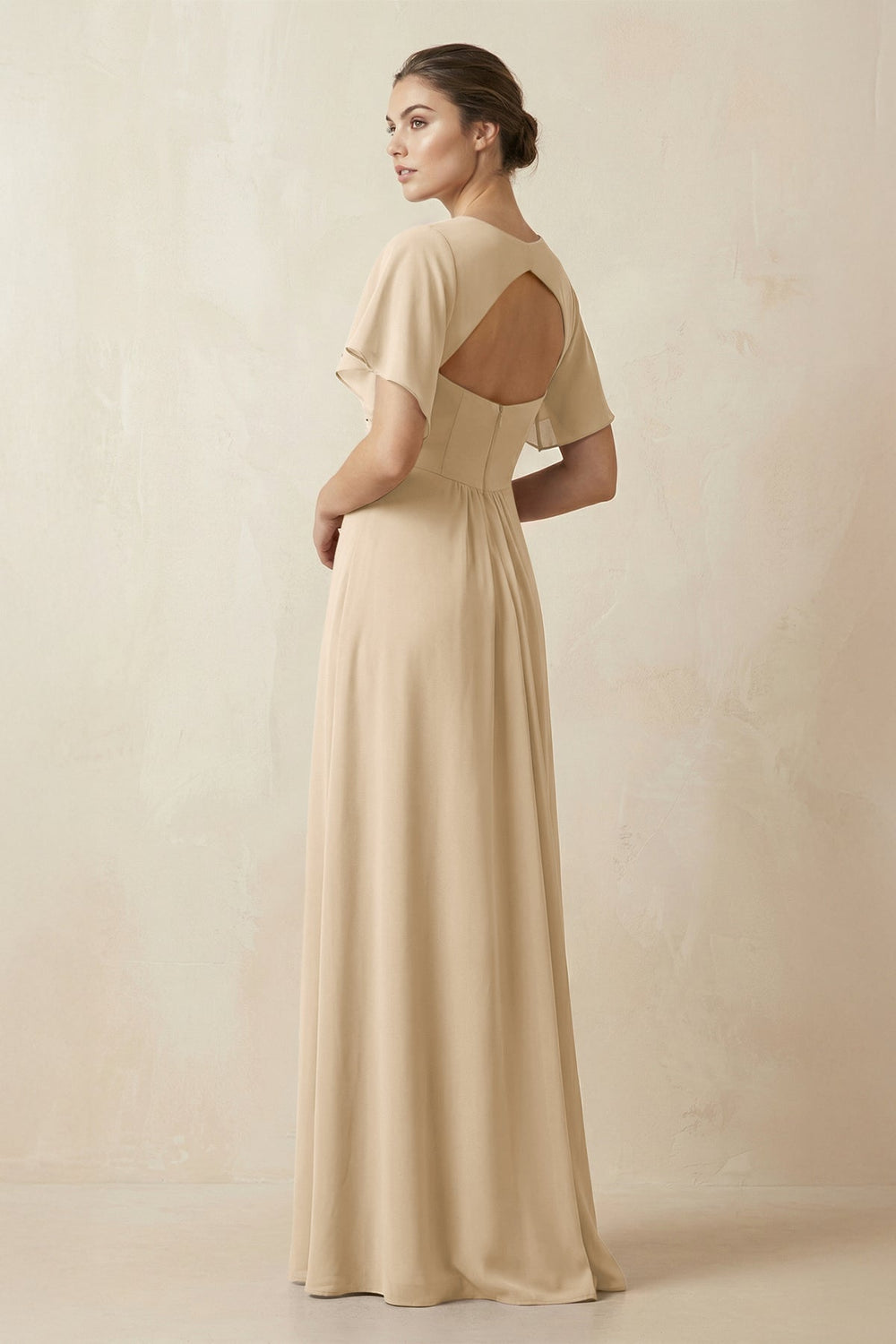 Short Sleeve V-Neck Chiffon A-Line Bridesmaid Dress in Champagne