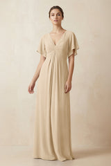 Short Sleeve V-Neck Chiffon A-Line Bridesmaid Dress in Champagne | KISSBRIDAL