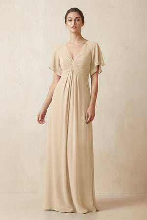Short Sleeve V-Neck Chiffon A-Line Bridesmaid Dress in Champagne | KISSBRIDAL