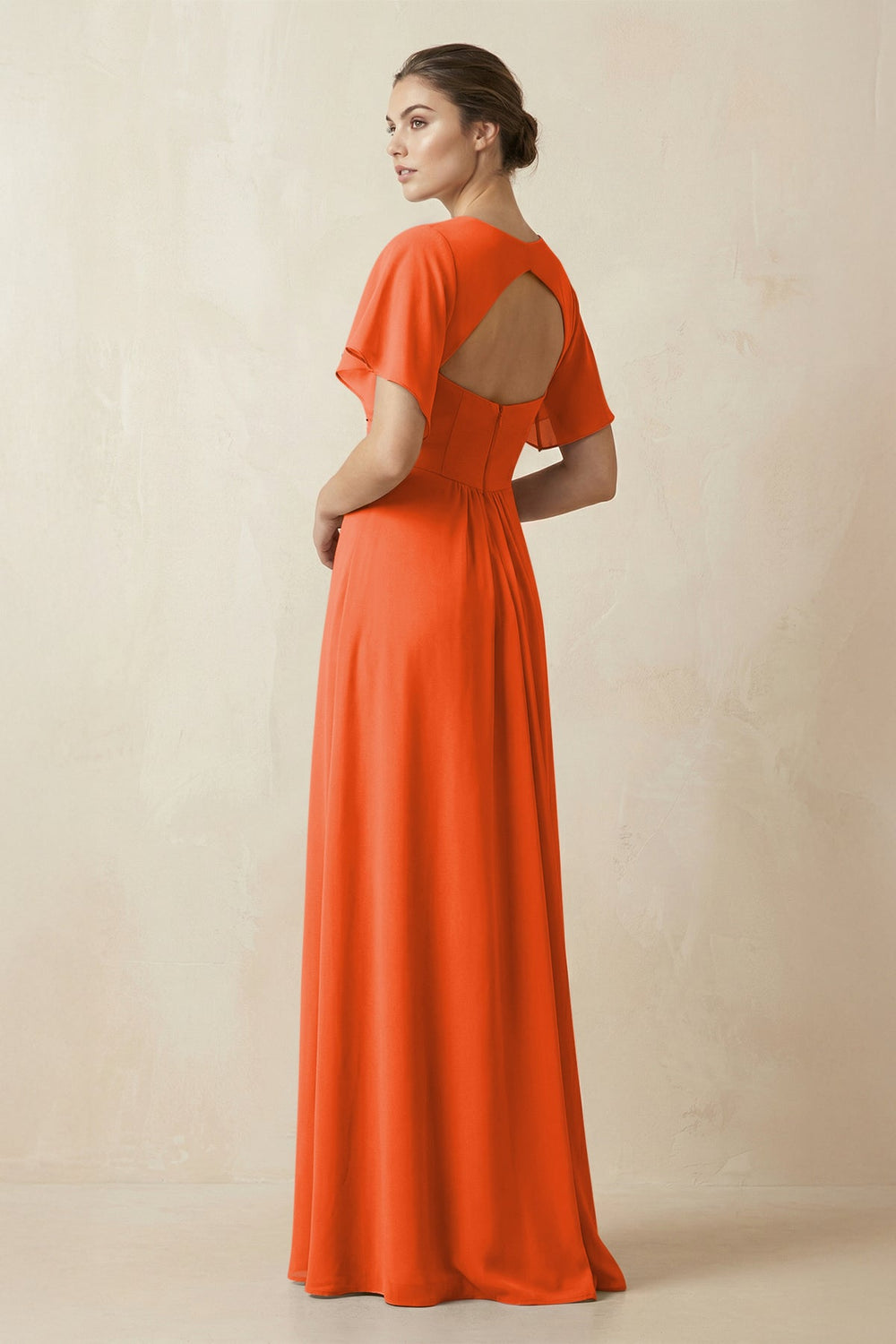 Short Sleeve V-Neck Chiffon A-Line Bridesmaid Dress in Cinnamon