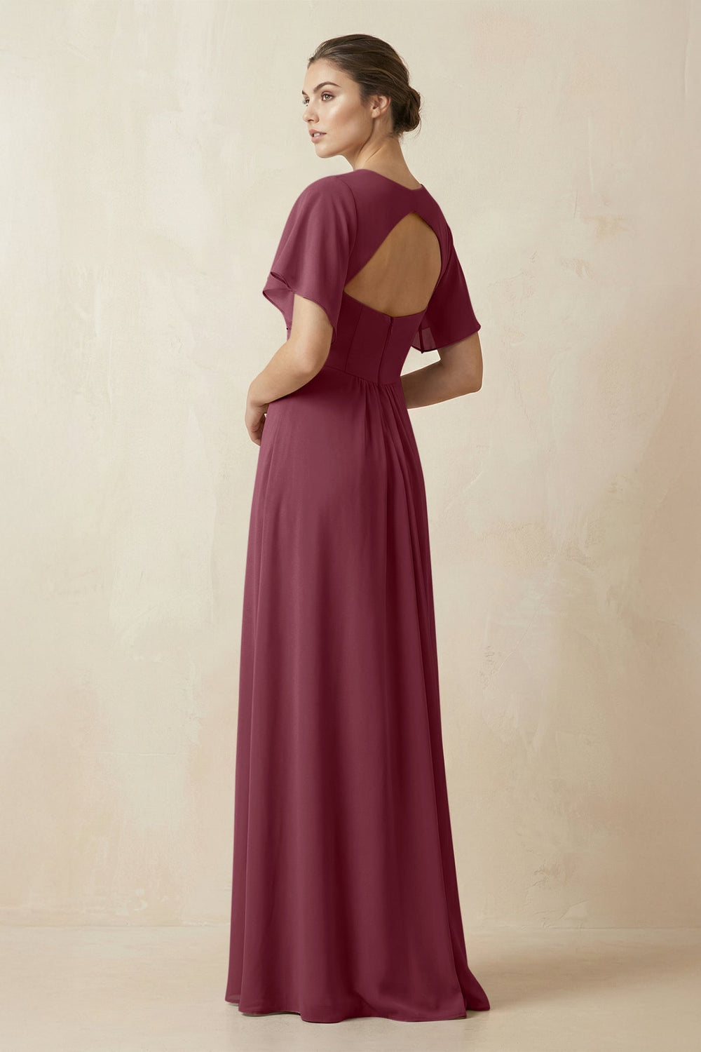 Short Sleeve V-Neck Chiffon A-Line Bridesmaid Dress in Desert Rose