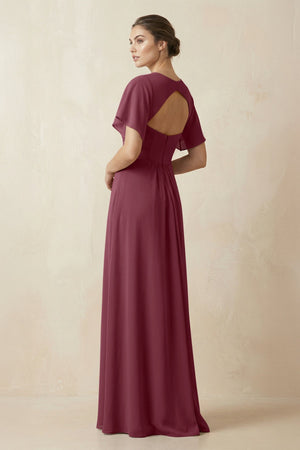 Short Sleeve V-Neck Chiffon A-Line Bridesmaid Dress in Desert Rose (2) | KISSBRIDAL