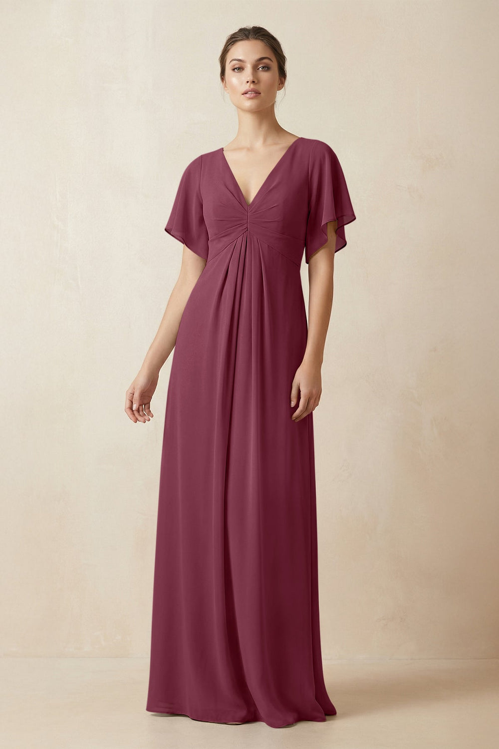 Short Sleeve V-Neck Chiffon A-Line Bridesmaid Dress in Desert Rose