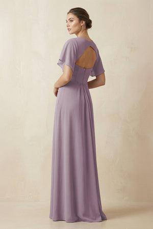 Short Sleeve V-Neck Chiffon A-Line Bridesmaid Dress in Dusk (2) | KISSBRIDAL