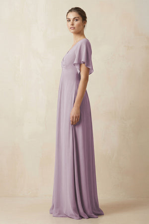 Short Sleeve V-Neck Chiffon A-Line Bridesmaid Dress in Dusk (3) | KISSBRIDAL