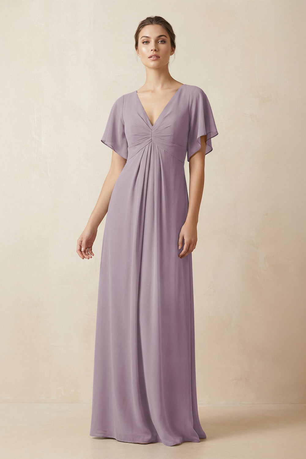 Short Sleeve V-Neck Chiffon A-Line Bridesmaid Dress in Dusk