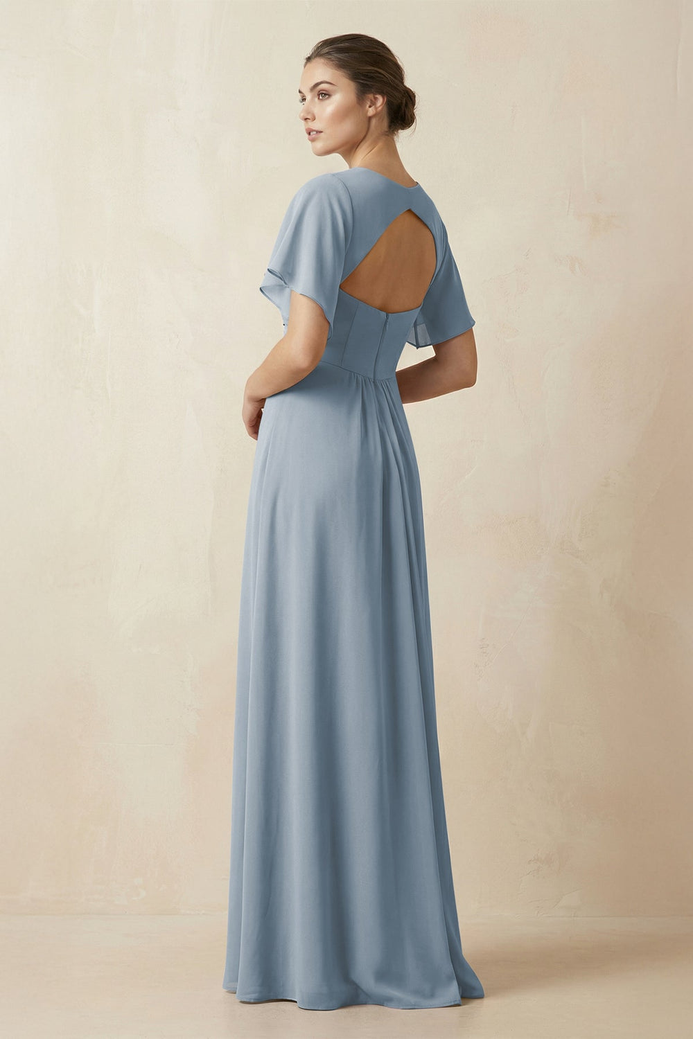 Short Sleeve V-Neck Chiffon A-Line Bridesmaid Dress in Dusty Blue