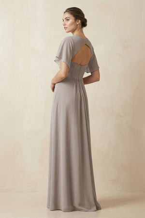 Short Sleeve V-Neck Chiffon A-Line Bridesmaid Dress in Frost (2) | KISSBRIDAL