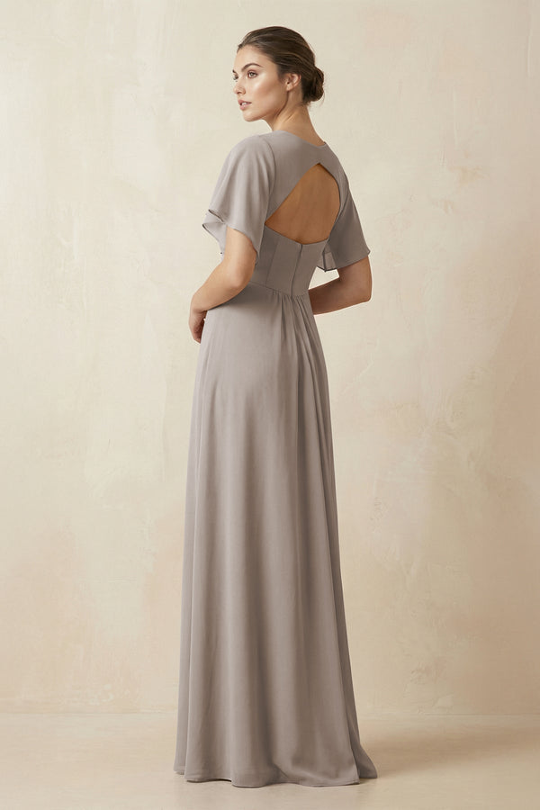 Short Sleeve V-Neck Chiffon A-Line Bridesmaid Dress in Frost (2) | KISSBRIDAL
