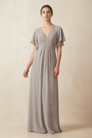 Short Sleeve V-Neck Chiffon A-Line Bridesmaid Dress in Frost | KISSBRIDAL