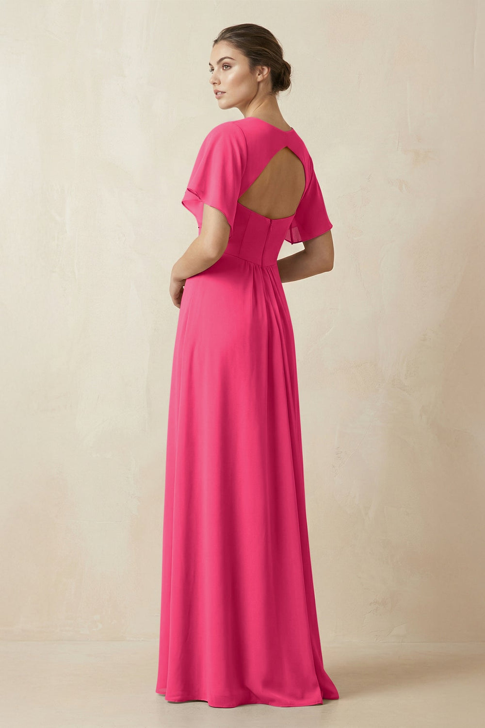Short Sleeve V-Neck Chiffon A-Line Bridesmaid Dress in Fuchsia