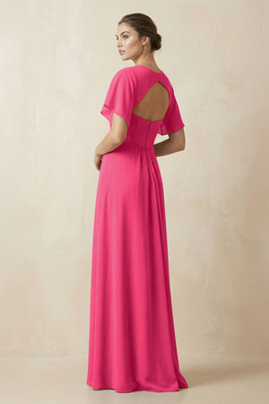 Short Sleeve V-Neck Chiffon A-Line Bridesmaid Dress in Fuchsia (2) | KISSBRIDAL