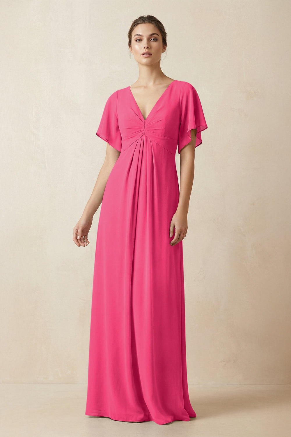 Short Sleeve V-Neck Chiffon A-Line Bridesmaid Dress in Fuchsia