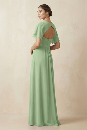 Short Sleeve V-Neck Chiffon A-Line Bridesmaid Dress in Matcha (2) | KISSBRIDAL