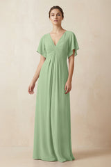 Short Sleeve V-Neck Chiffon A-Line Bridesmaid Dress in Matcha | KISSBRIDAL