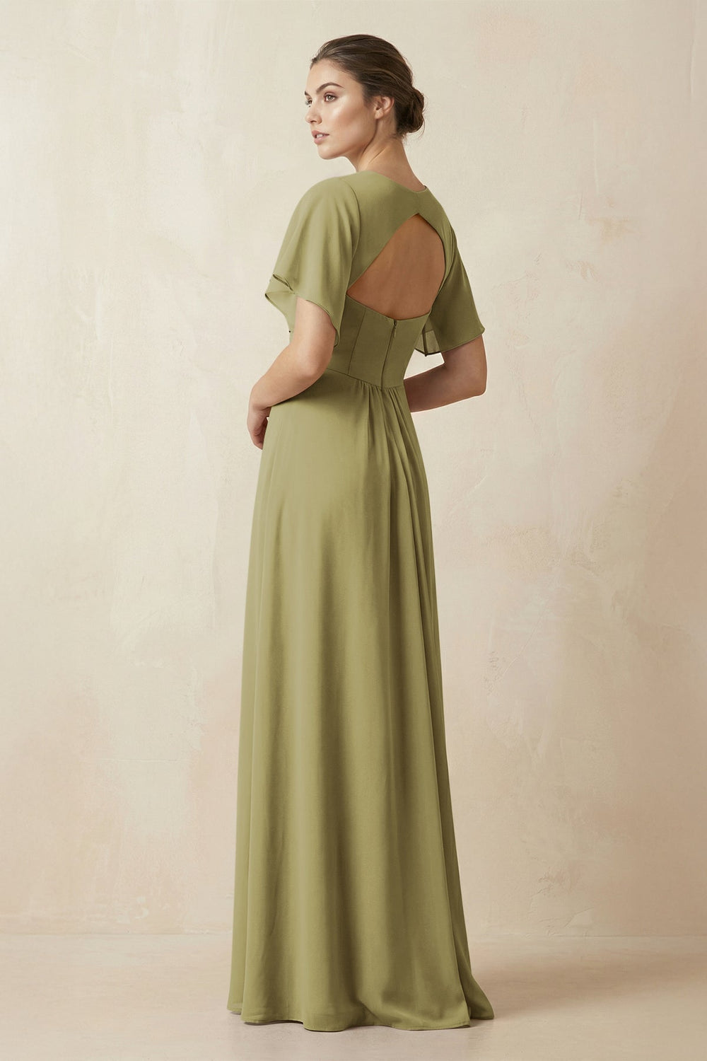 Short Sleeve V-Neck Chiffon A-Line Bridesmaid Dress in Moss Green