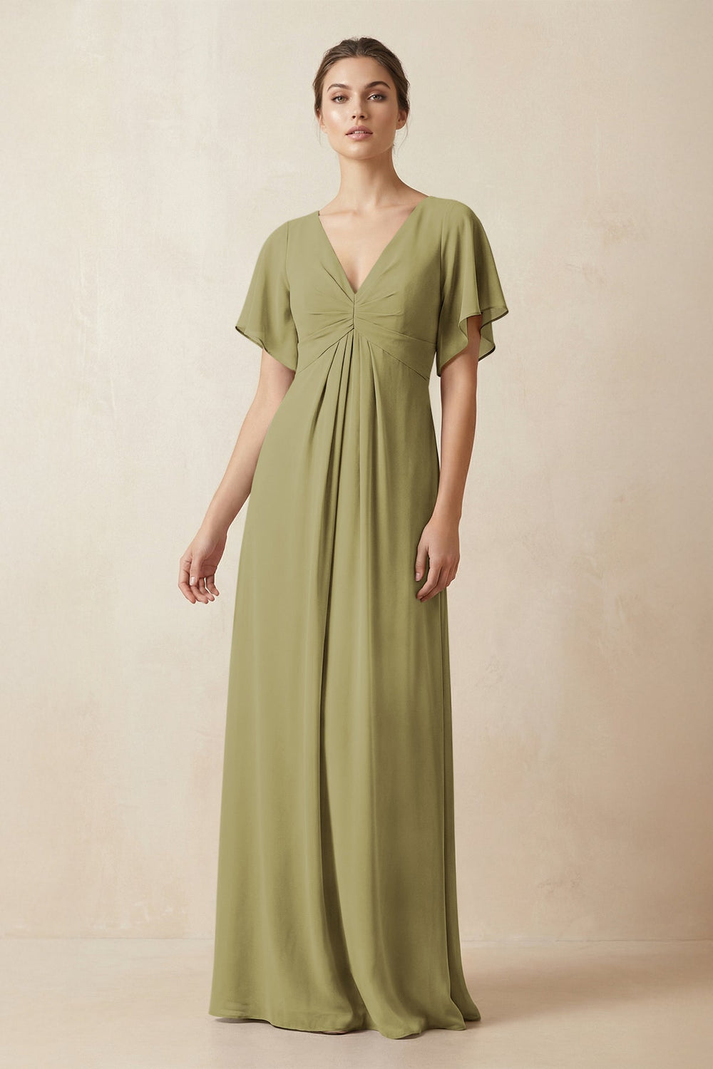 Short Sleeve V-Neck Chiffon A-Line Bridesmaid Dress in Moss Green