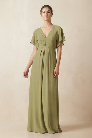 Short Sleeve V-Neck Chiffon A-Line Bridesmaid Dress in Moss Green | KISSBRIDAL