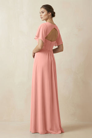 Short Sleeve V-Neck Chiffon A-Line Bridesmaid Dress in Rosette (2) | KISSBRIDAL