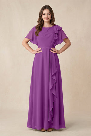 Short Sleeves Bateau A - Line Chiffon Bridesmaid Dress in Amethyst - KISS BRIDAL Bridesmaid Dresses