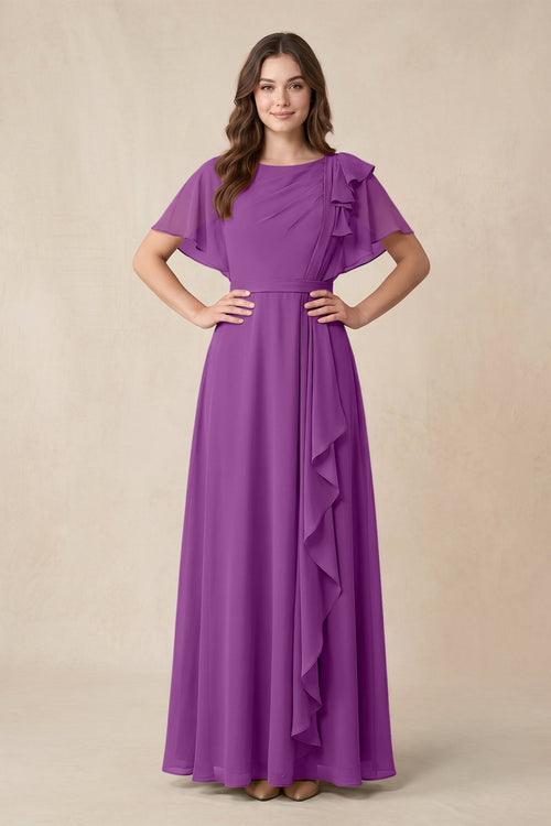 Short Sleeves Bateau A - Line Chiffon Bridesmaid Dress in Amethyst - KISS BRIDAL Bridesmaid Dresses
