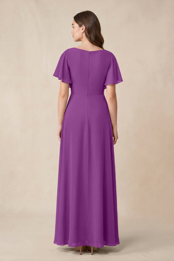 Short Sleeves Bateau A - Line Chiffon Bridesmaid Dress in Amethyst - KISS BRIDAL Bridesmaid Dresses
