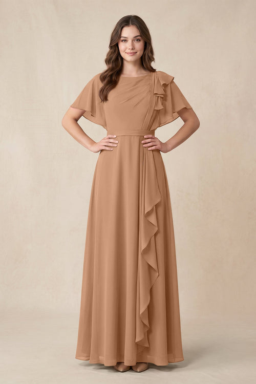 Short Sleeves Bateau A - Line Chiffon Bridesmaid Dress in Bronzer - KISS BRIDAL Bridesmaid Dresses