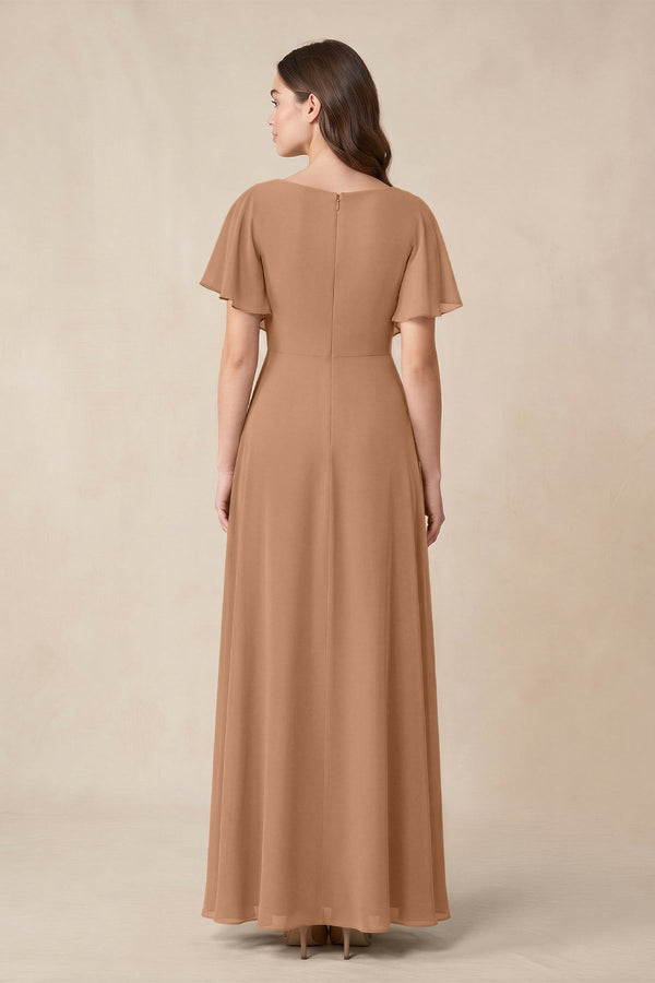 Short Sleeves Bateau A - Line Chiffon Bridesmaid Dress in Bronzer - KISS BRIDAL Bridesmaid Dresses