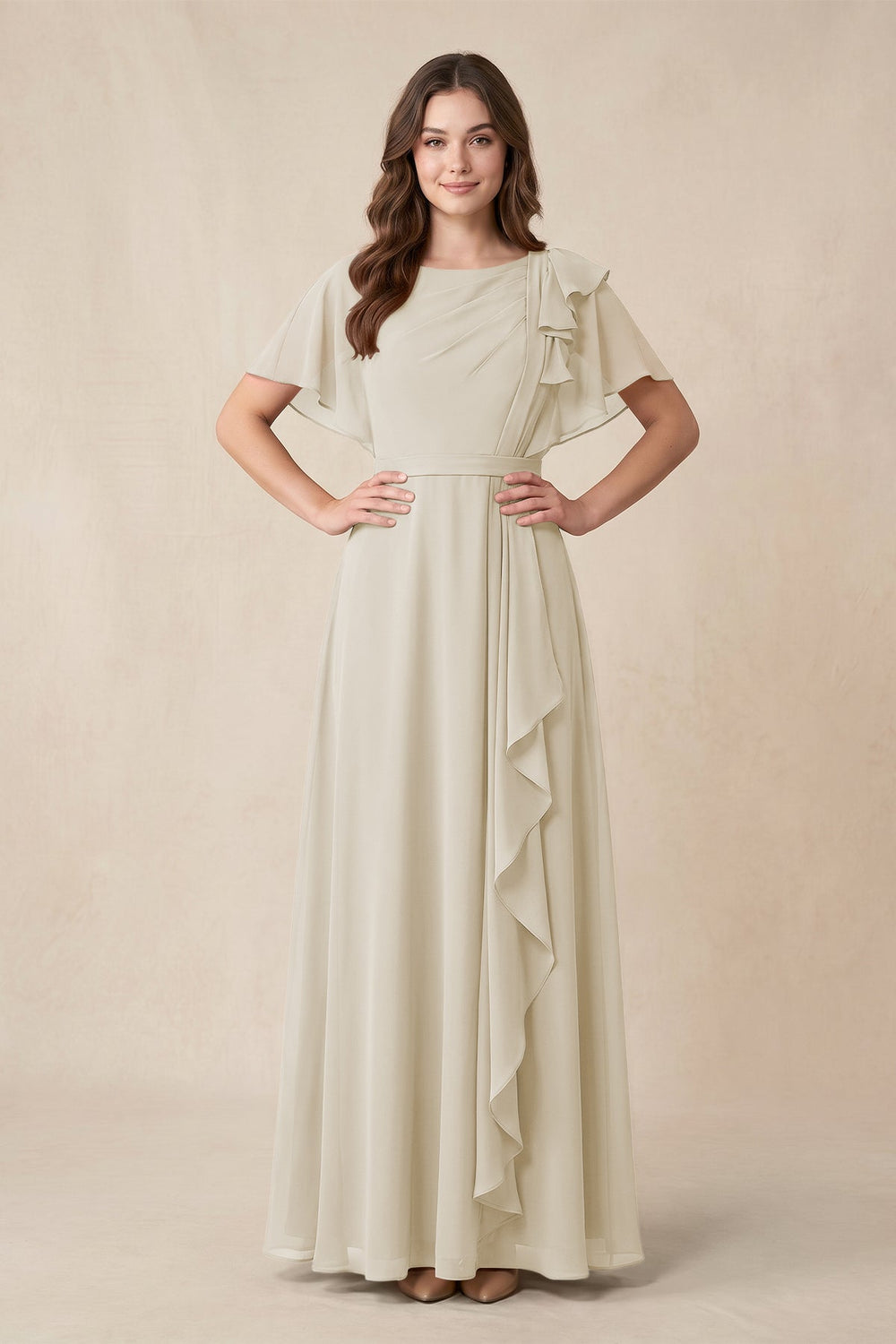 Short Sleeves Bateau A-Line Chiffon Bridesmaid Dress in Dove Gray