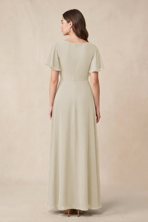 Short Sleeves Bateau A - Line Chiffon Bridesmaid Dress in Dove Gray - KISS BRIDAL Bridesmaid Dresses
